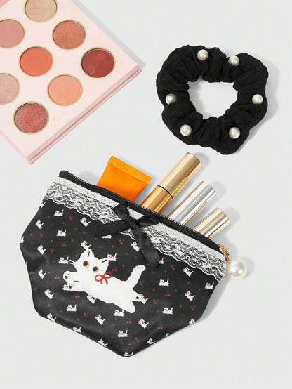 ROMWE Kawaii Set de 2 monederos compactos con diseño de gato y lazo con encaje, bolsa de maquillaje con coletero de perlas