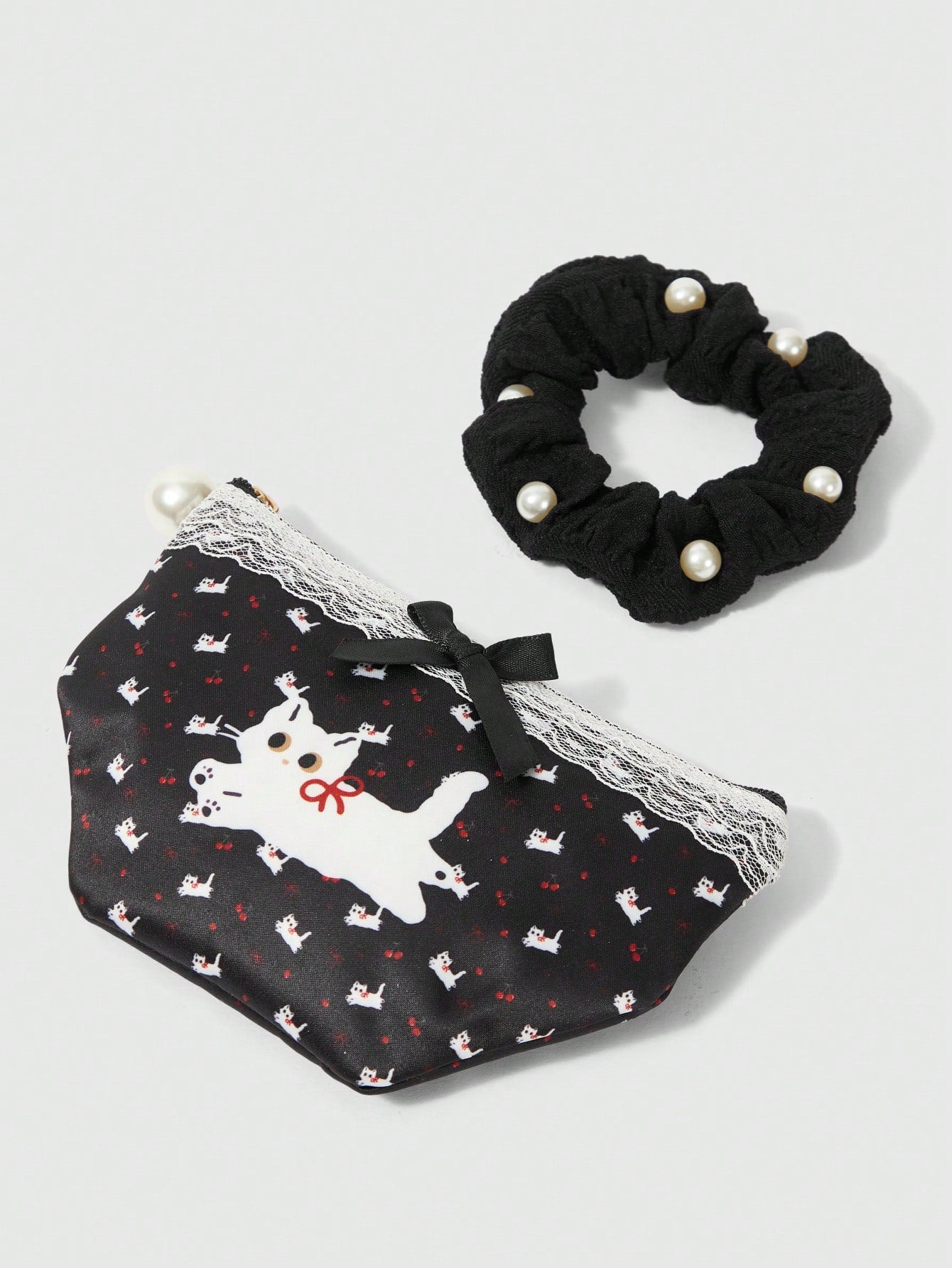 ROMWE Kawaii Set de 2 monederos compactos con diseño de gato y lazo con encaje, bolsa de maquillaje con coletero de perlas