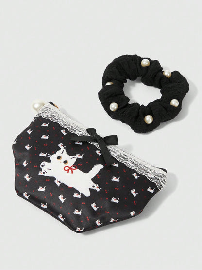 ROMWE Kawaii Set de 2 monederos compactos con diseño de gato y lazo con encaje, bolsa de maquillaje con coletero de perlas
