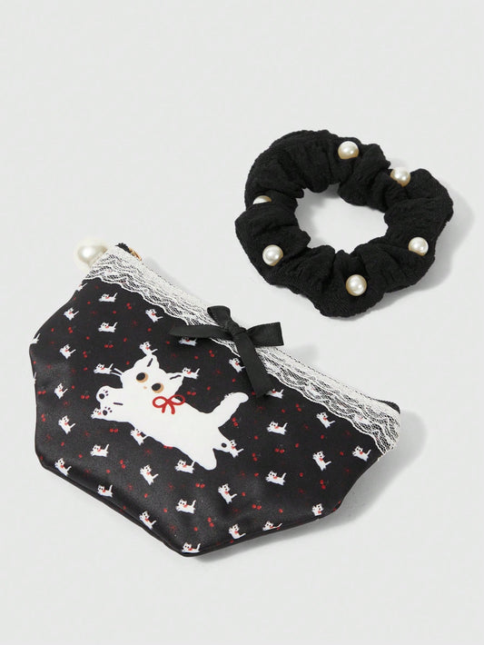 ROMWE Kawaii Set de 2 monederos compactos con diseño de gato y lazo con encaje, bolsa de maquillaje con coletero de perlas