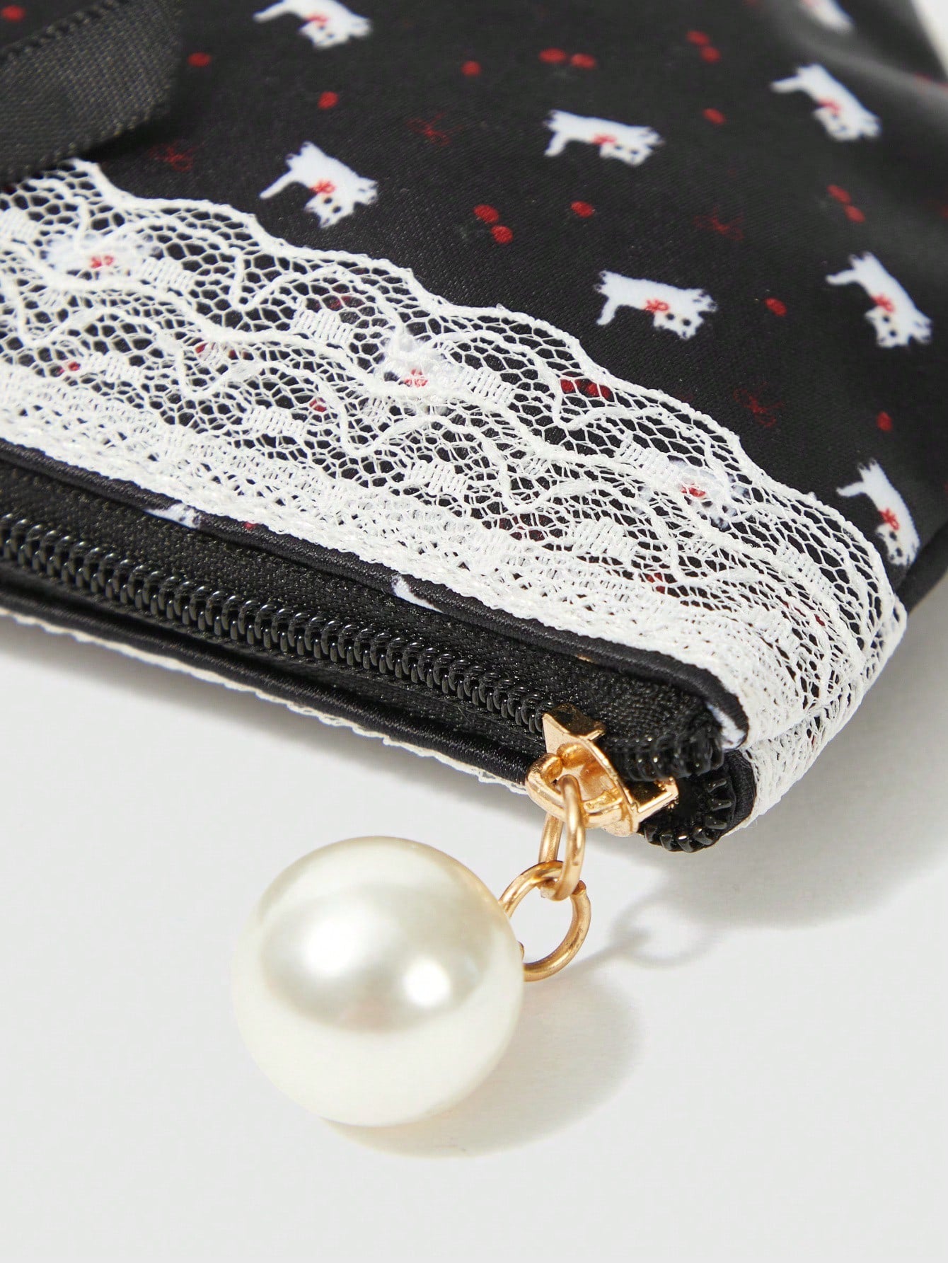 ROMWE Kawaii Set de 2 monederos compactos con diseño de gato y lazo con encaje, bolsa de maquillaje con coletero de perlas