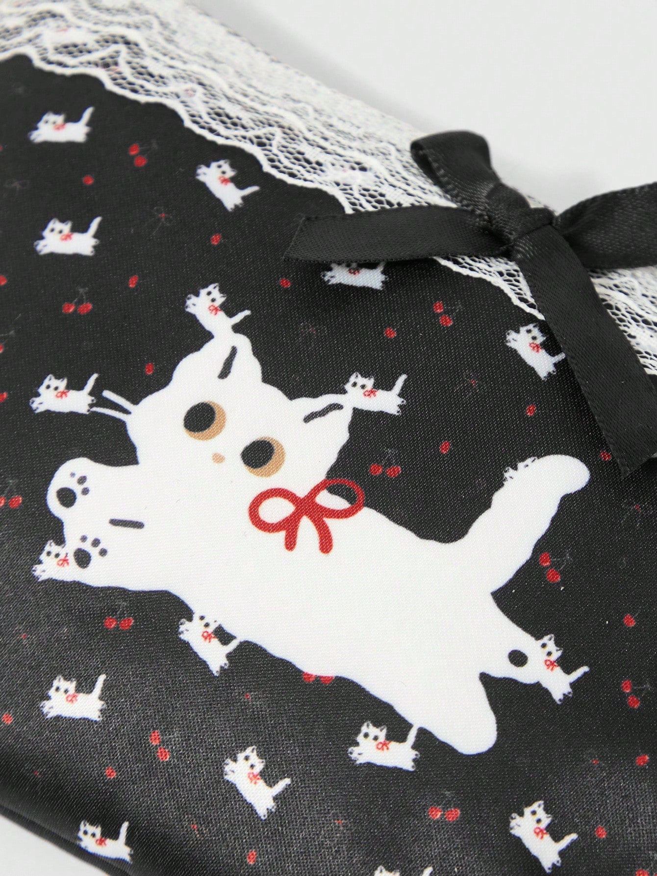 ROMWE Kawaii Set de 2 monederos compactos con diseño de gato y lazo con encaje, bolsa de maquillaje con coletero de perlas