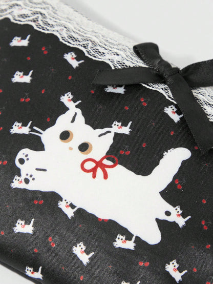 ROMWE Kawaii Set de 2 monederos compactos con diseño de gato y lazo con encaje, bolsa de maquillaje con coletero de perlas
