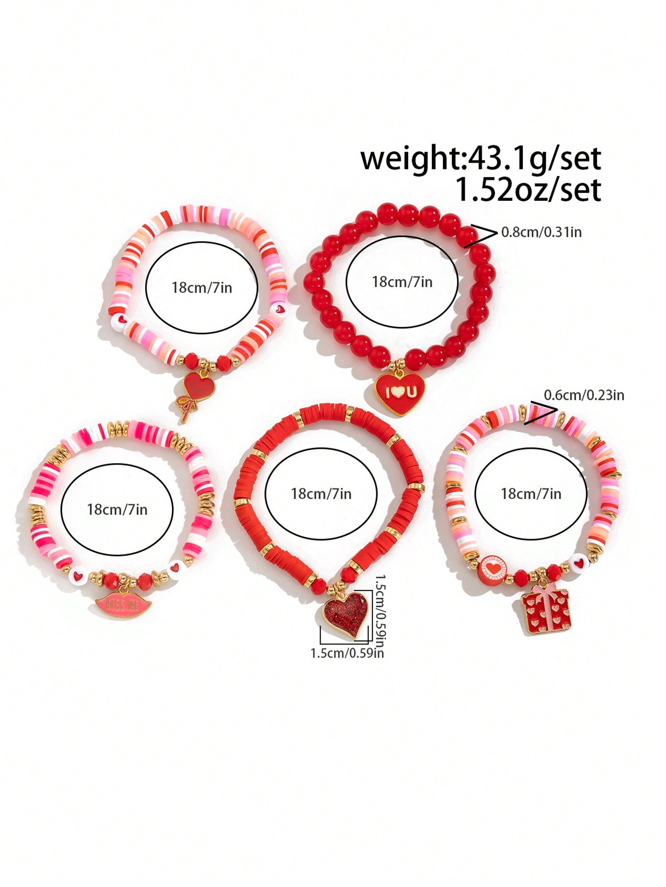 ROMWE Kawaii Set de 5 piezas de pulseras con colgante de corazón lindo en estilo Y2K de arcilla polimérica, regalo para familia y amigos en el Día de San Valentín, mamá, madre, Día de la Madre