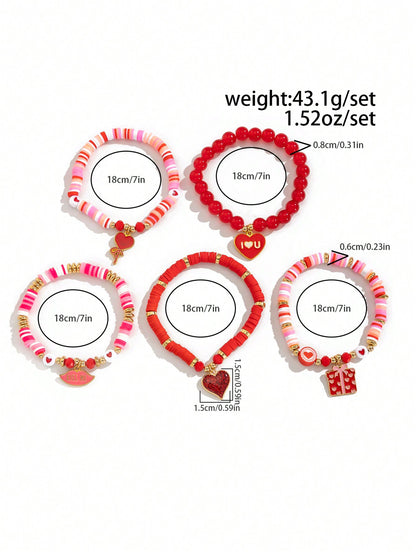 ROMWE Kawaii Set de 5 piezas de pulseras con colgante de corazón lindo en estilo Y2K de arcilla polimérica, regalo para familia y amigos en el Día de San Valentín, mamá, madre, Día de la Madre