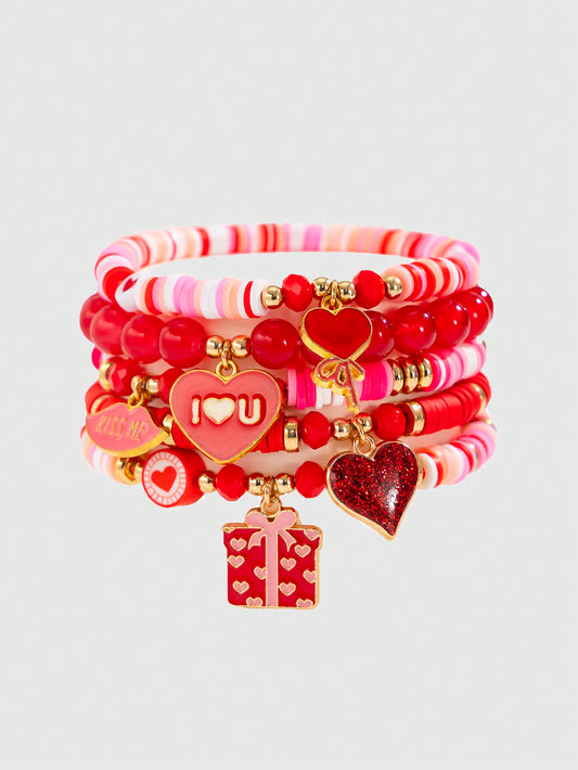 ROMWE Kawaii Set de 5 piezas de pulseras con colgante de corazón lindo en estilo Y2K de arcilla polimérica, regalo para familia y amigos en el Día de San Valentín, mamá, madre, Día de la Madre