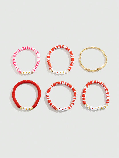 ROMWE Kawaii Set de 6 pulseras con cuentas con diseño de cartas románticas, regalo del Día de San Valentín para mujeres