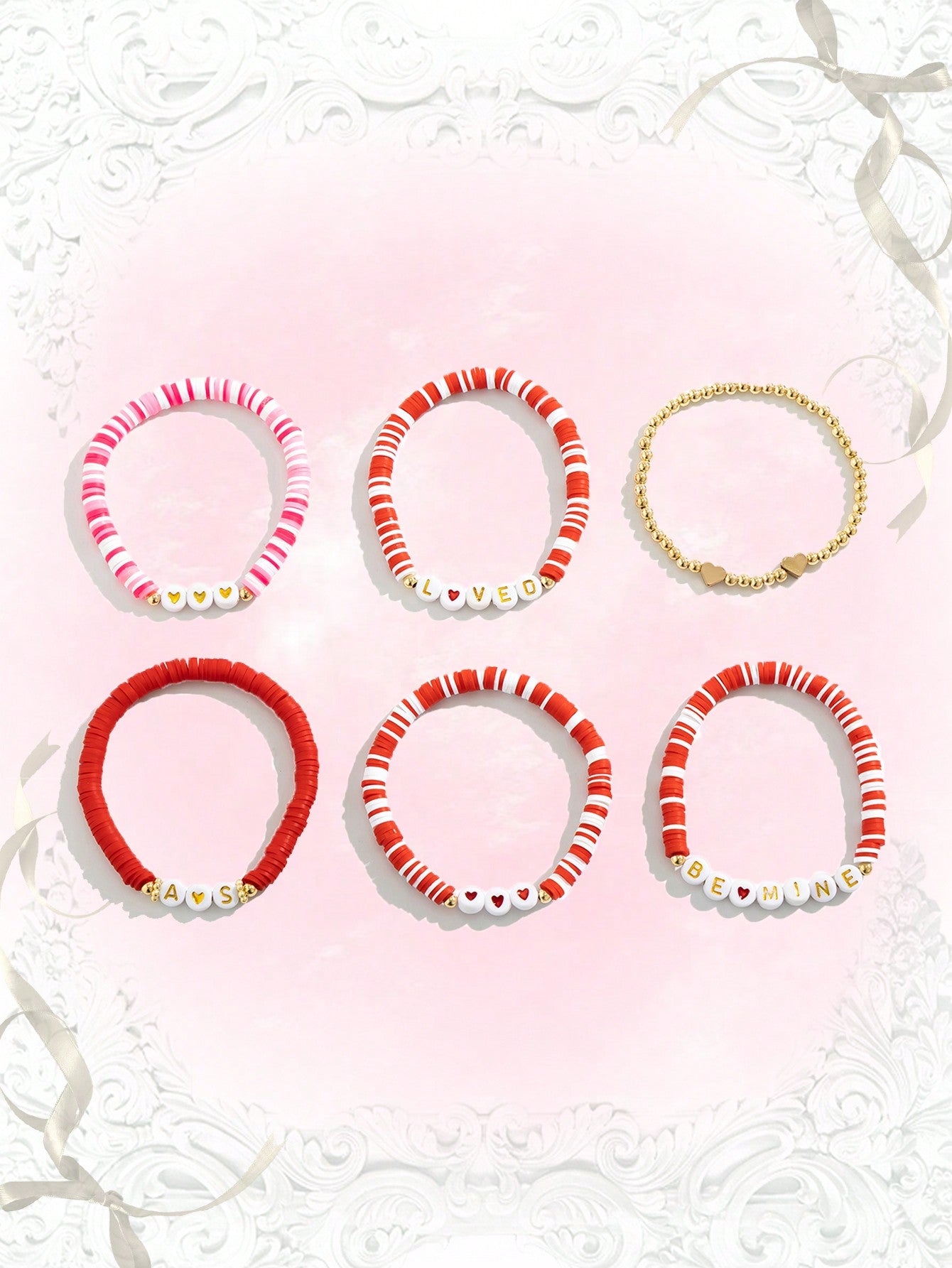 ROMWE Kawaii Set de 6 pulseras con cuentas con diseño de cartas románticas, regalo del Día de San Valentín para mujeres