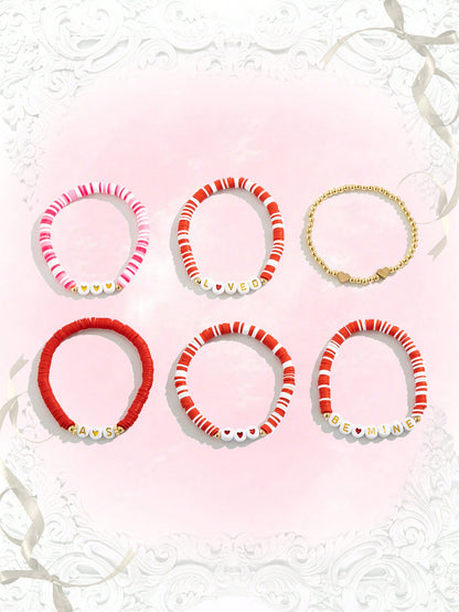 ROMWE Kawaii Set de 6 pulseras con cuentas con diseño de cartas románticas, regalo del Día de San Valentín para mujeres