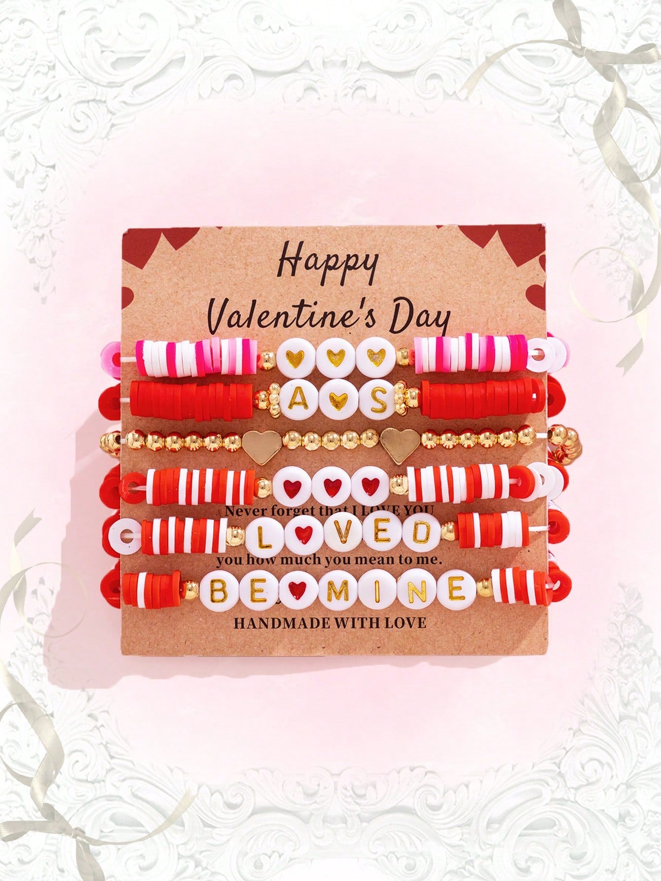 ROMWE Kawaii Set de 6 pulseras con cuentas con diseño de cartas románticas, regalo del Día de San Valentín para mujeres