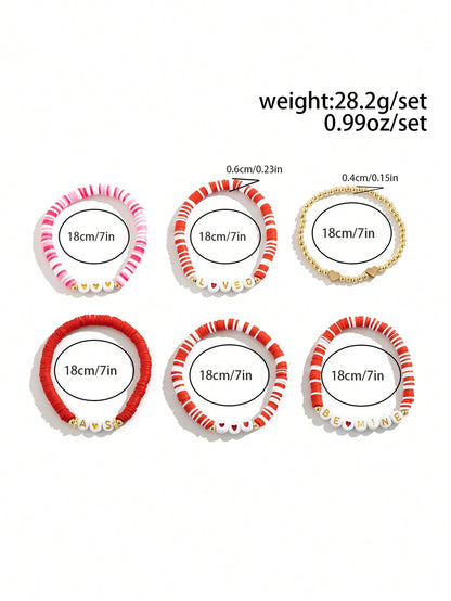 ROMWE Kawaii Set de 6 pulseras con cuentas con diseño de cartas románticas, regalo del Día de San Valentín para mujeres