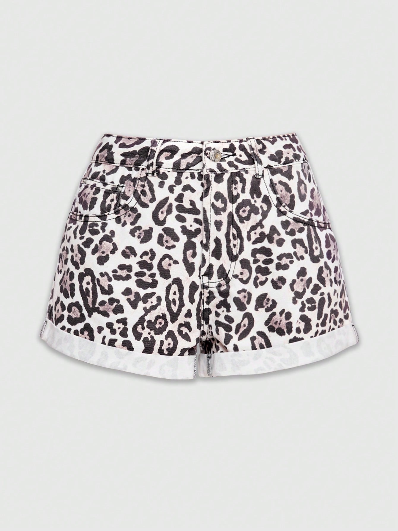 ROMWE Kawaii Shorts de mezclilla casuales con dobladillo enrollado y estampado de leopardo para mujeres