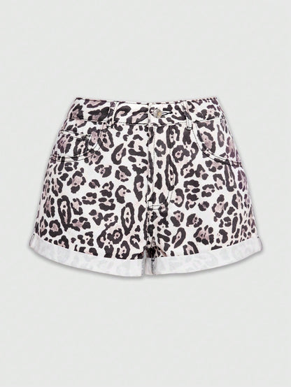 ROMWE Kawaii Shorts de mezclilla casuales con dobladillo enrollado y estampado de leopardo para mujeres