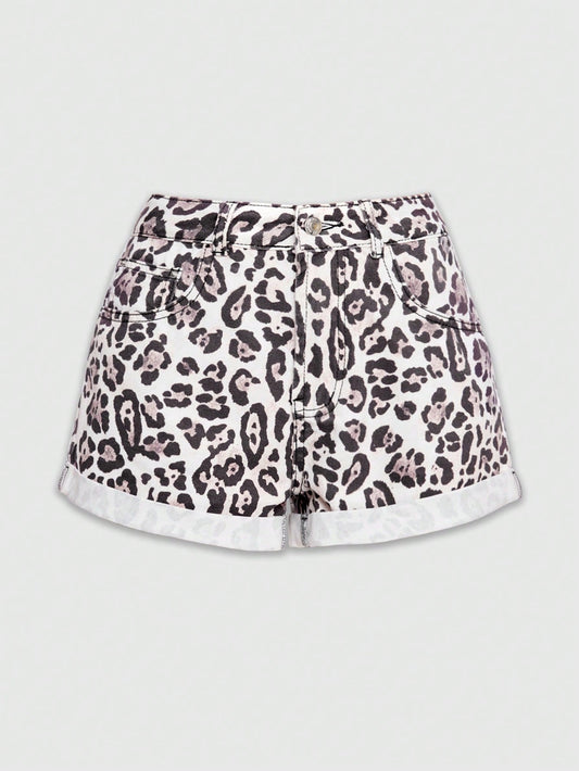 ROMWE Kawaii Shorts de mezclilla casuales con dobladillo enrollado y estampado de leopardo para mujeres