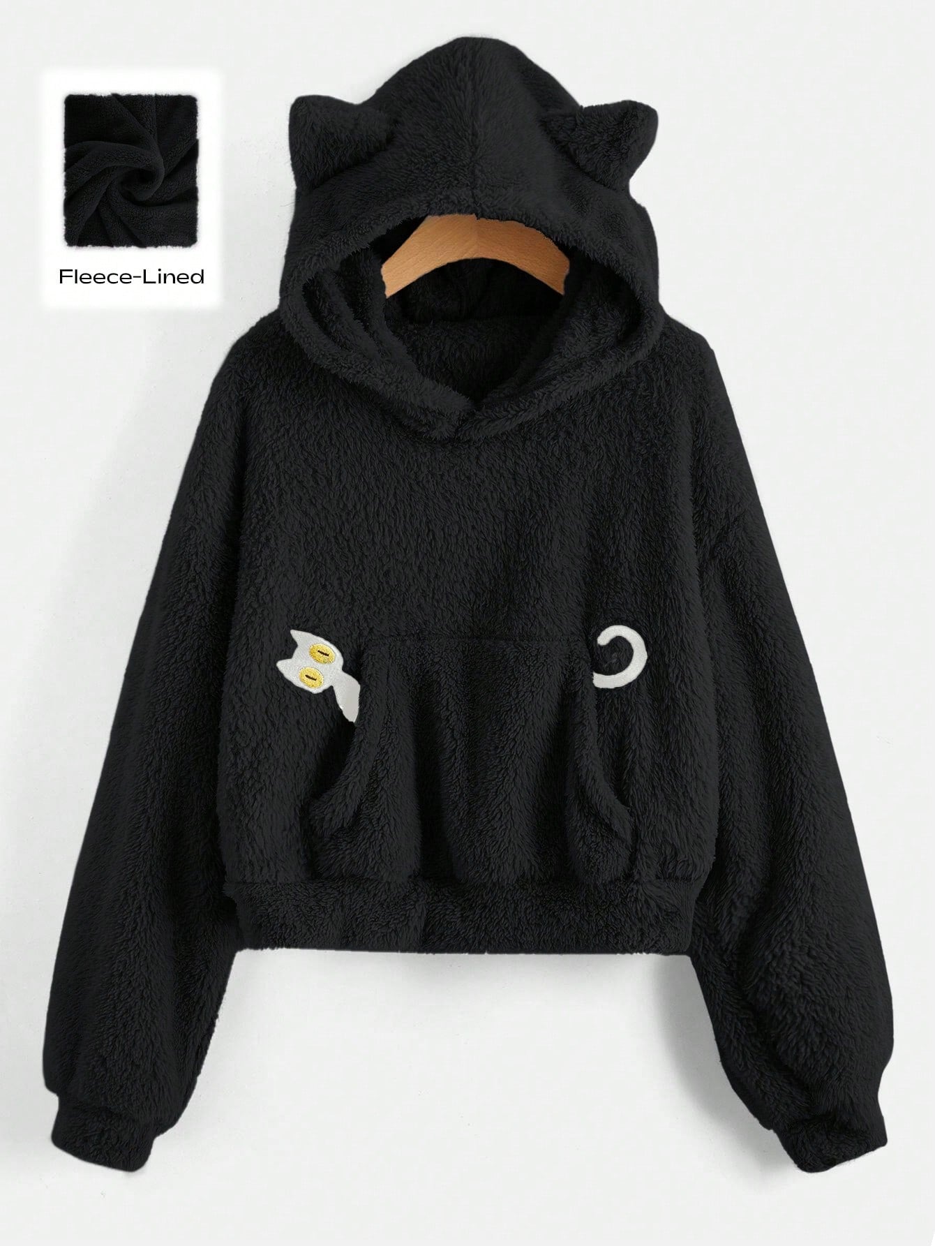ROMWE Kawaii Sudadera casual con capucha con bordado de dibujos animados, forrada térmicamente, de manga larga para otoño/invierno