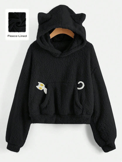 ROMWE Kawaii Sudadera casual con capucha con bordado de dibujos animados, forrada térmicamente, de manga larga para otoño/invierno