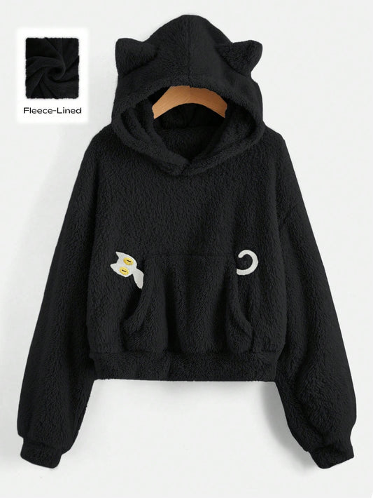 ROMWE Kawaii Sudadera casual con capucha con bordado de dibujos animados, forrada térmicamente, de manga larga para otoño/invierno
