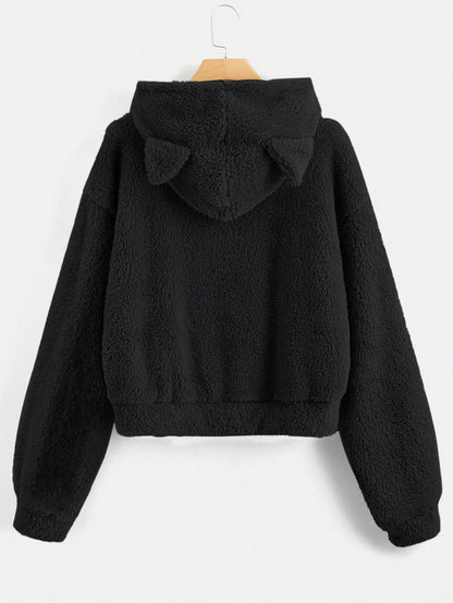 ROMWE Kawaii Sudadera casual con capucha con bordado de dibujos animados, forrada térmicamente, de manga larga para otoño/invierno