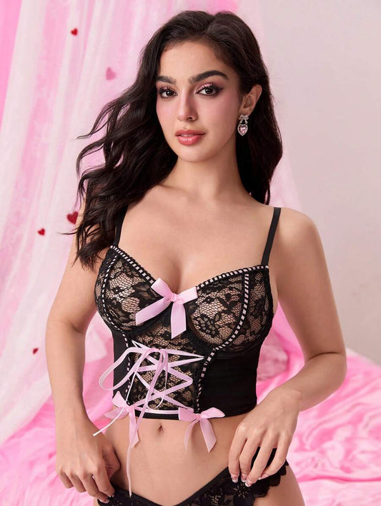 ROMWE Kawaii Sujetador romántico con aros y lazo de encaje para el Día de San Valentín