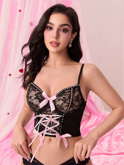 ROMWE Kawaii Sujetador romántico con aros y lazo de encaje para el Día de San Valentín