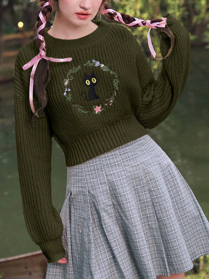 ROMWE Kawaii Suéter Con Hombros Caídos Y Bordado De Gato Para Mujer