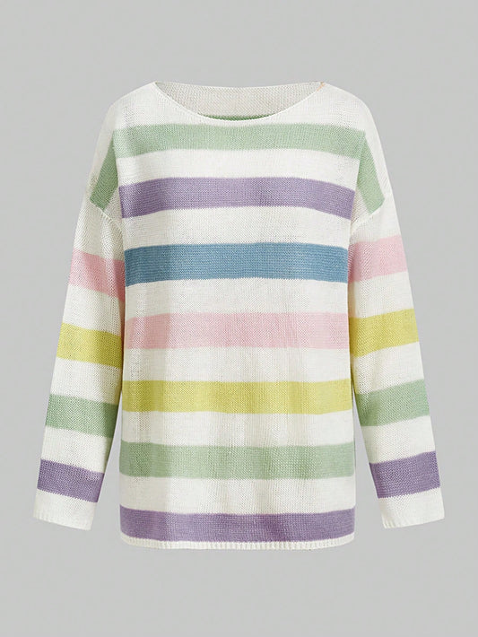 ROMWE Kawaii Suéter Con Rayas Y Bloques De Color Con Hombros Caídos