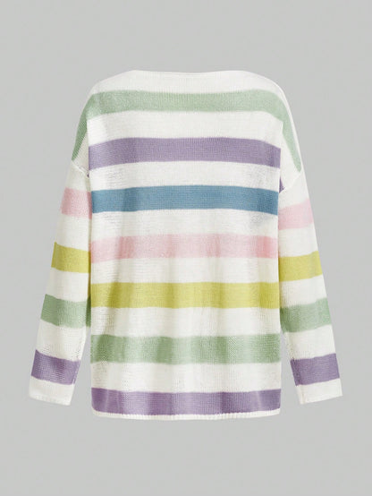 ROMWE Kawaii Suéter Con Rayas Y Bloques De Color Con Hombros Caídos