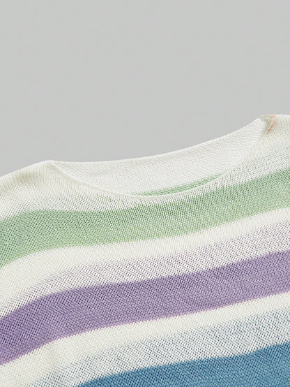 ROMWE Kawaii Suéter Con Rayas Y Bloques De Color Con Hombros Caídos