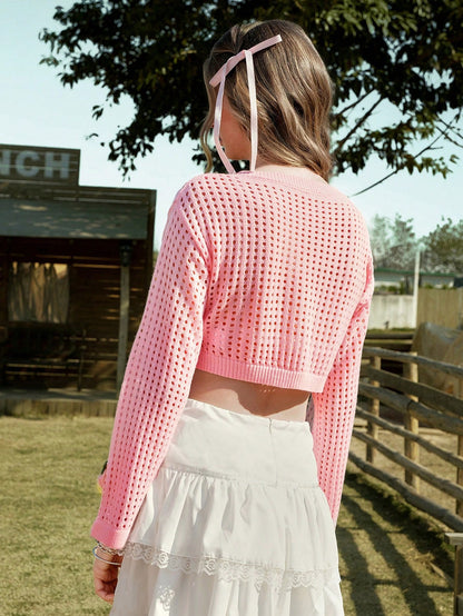 ROMWE Kawaii Suéter de mujer primaveral transparente y hueco de color rosa con decoración de fresa