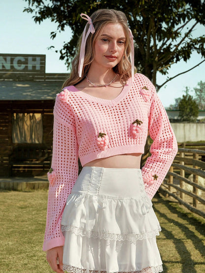 ROMWE Kawaii Suéter de mujer primaveral transparente y hueco de color rosa con decoración de fresa