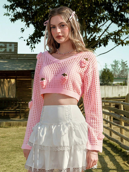 ROMWE Kawaii Suéter de mujer primaveral transparente y hueco de color rosa con decoración de fresa