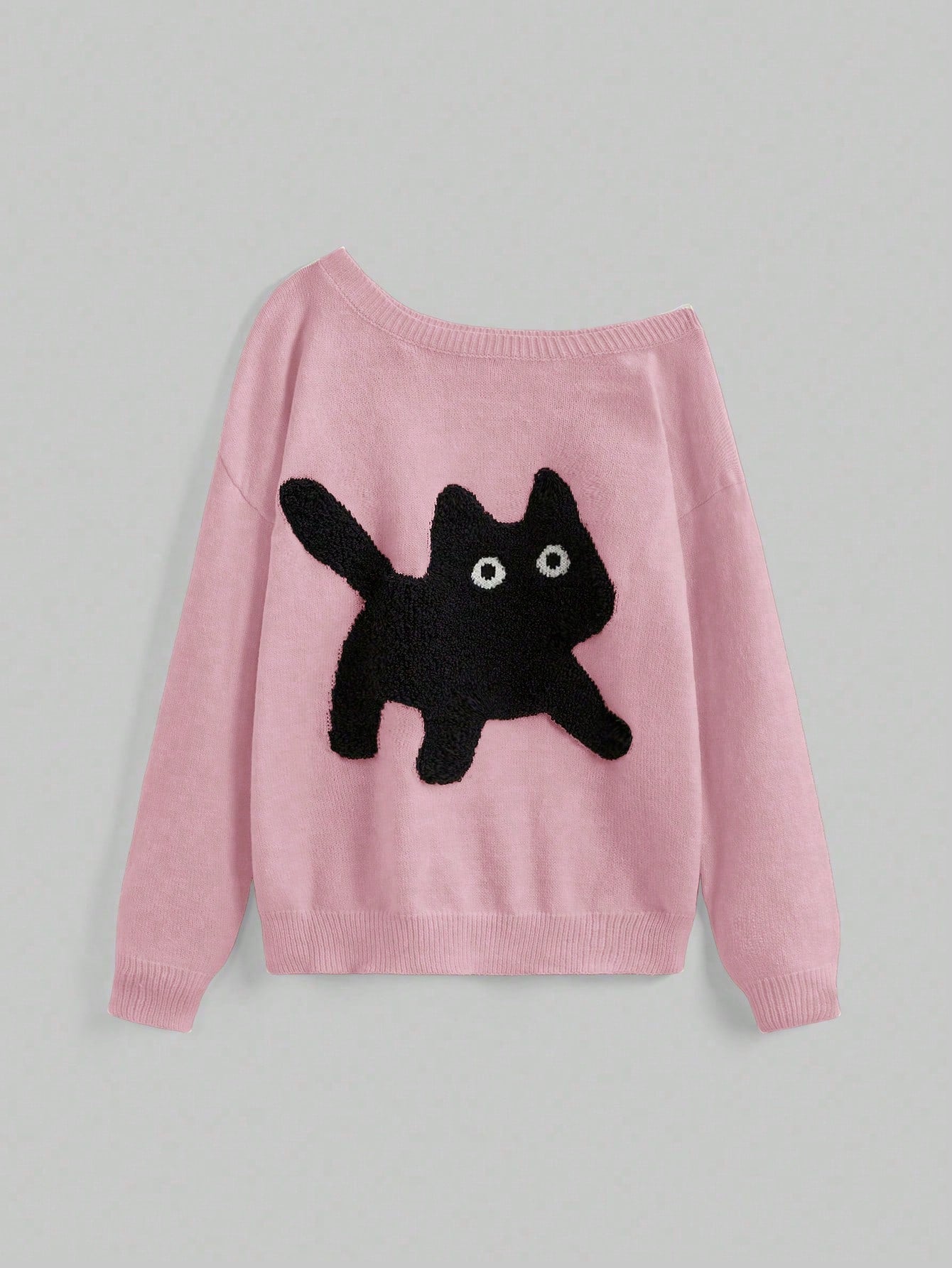 ROMWE Kawaii Suéter holgado de punto con cuello asimétrico y bordado de gato lindo y casual para señorita