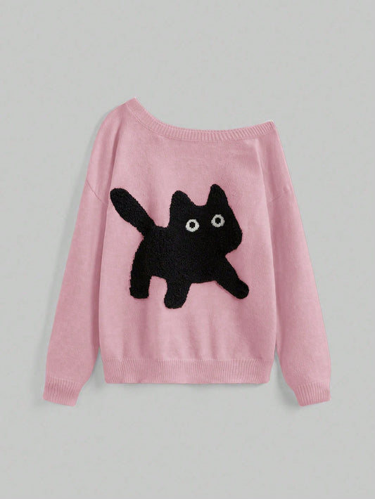 ROMWE Kawaii Suéter holgado de punto con cuello asimétrico y bordado de gato lindo y casual para señorita