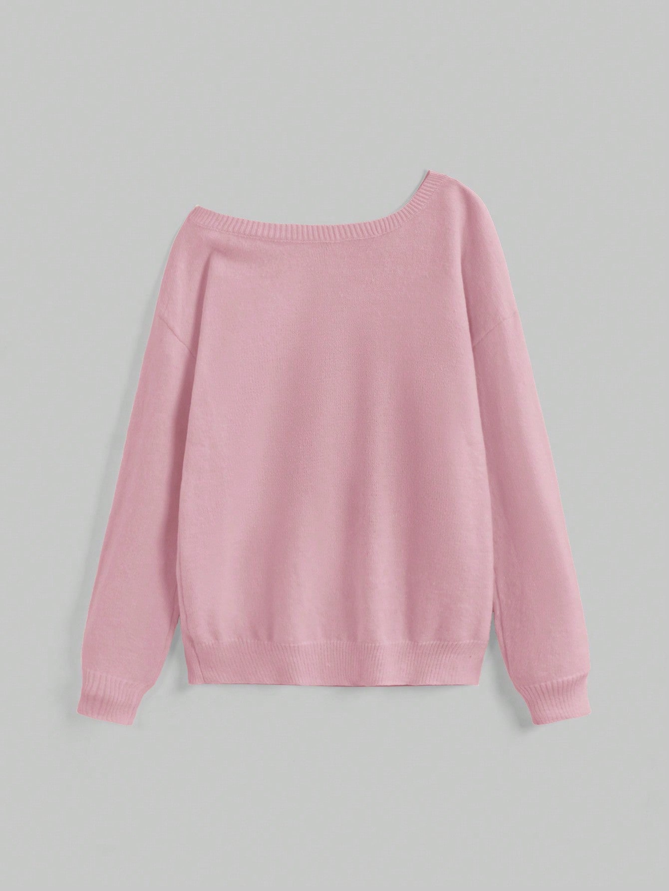 ROMWE Kawaii Suéter holgado de punto con cuello asimétrico y bordado de gato lindo y casual para señorita