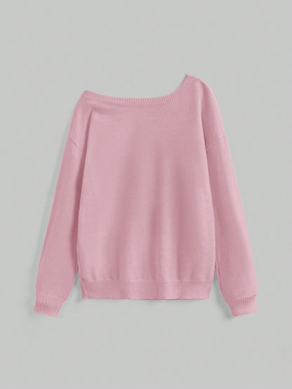 ROMWE Kawaii Suéter holgado de punto con cuello asimétrico y bordado de gato lindo y casual para señorita