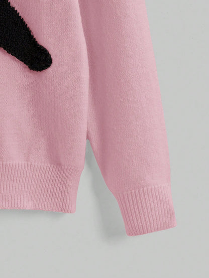 ROMWE Kawaii Suéter holgado de punto con cuello asimétrico y bordado de gato lindo y casual para señorita