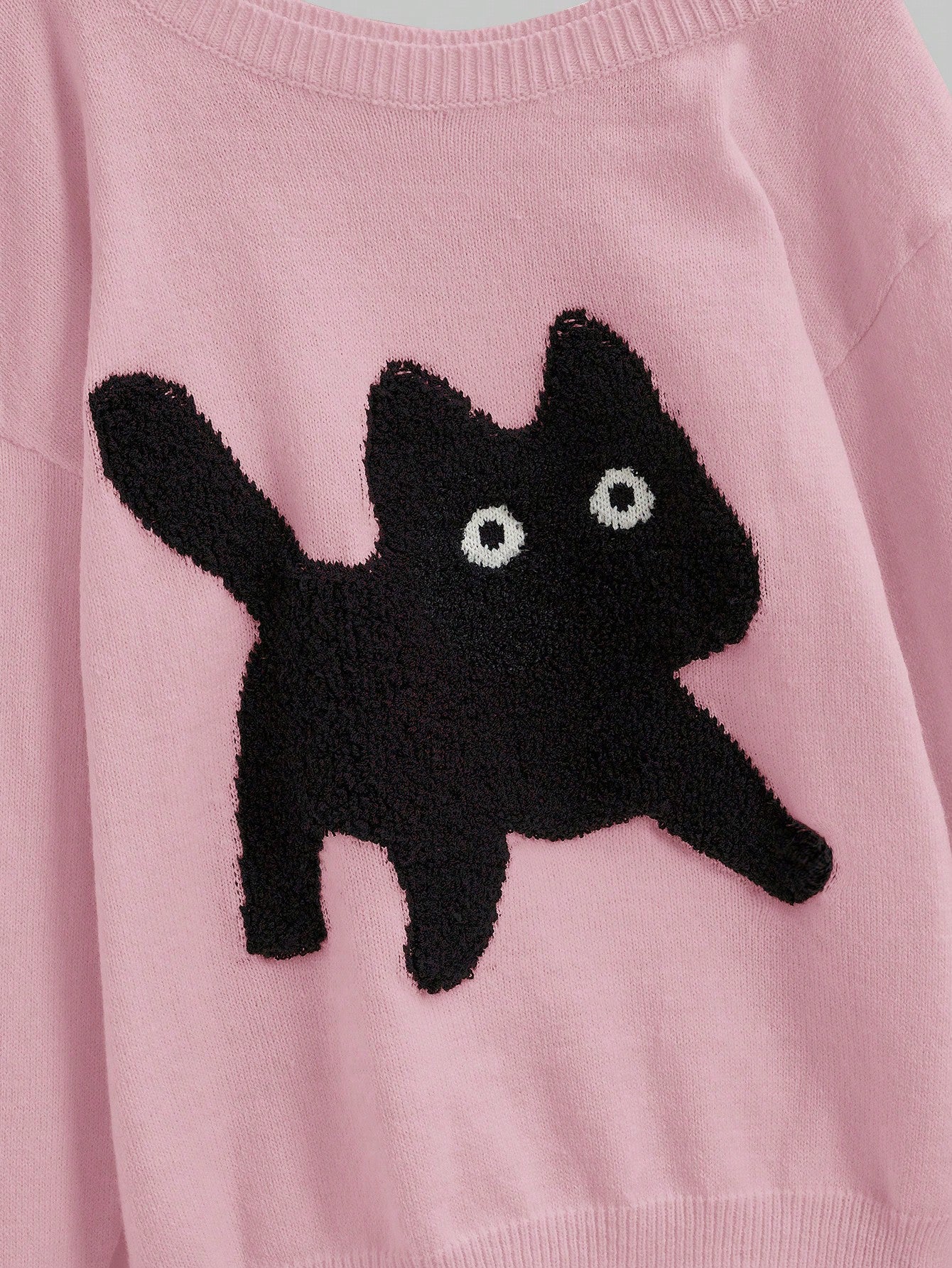 ROMWE Kawaii Suéter holgado de punto con cuello asimétrico y bordado de gato lindo y casual para señorita