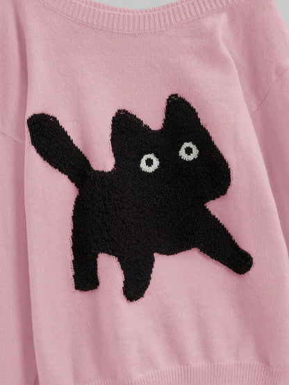 ROMWE Kawaii Suéter holgado de punto con cuello asimétrico y bordado de gato lindo y casual para señorita