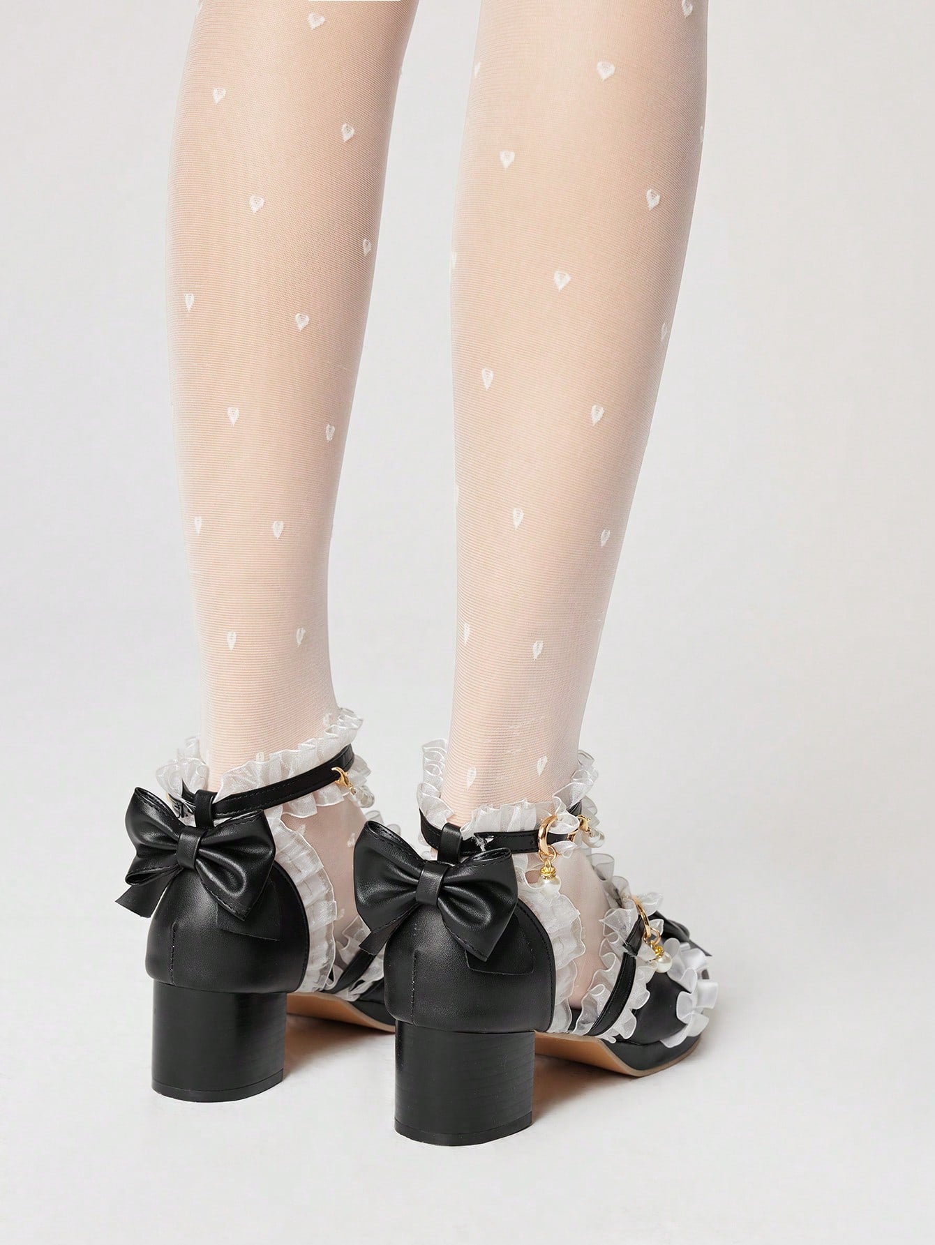 ROMWE Kawaii Tacones con correa de encaje de estilo lolita con puntera cerrada y ribete de encaje para mujer, color negro