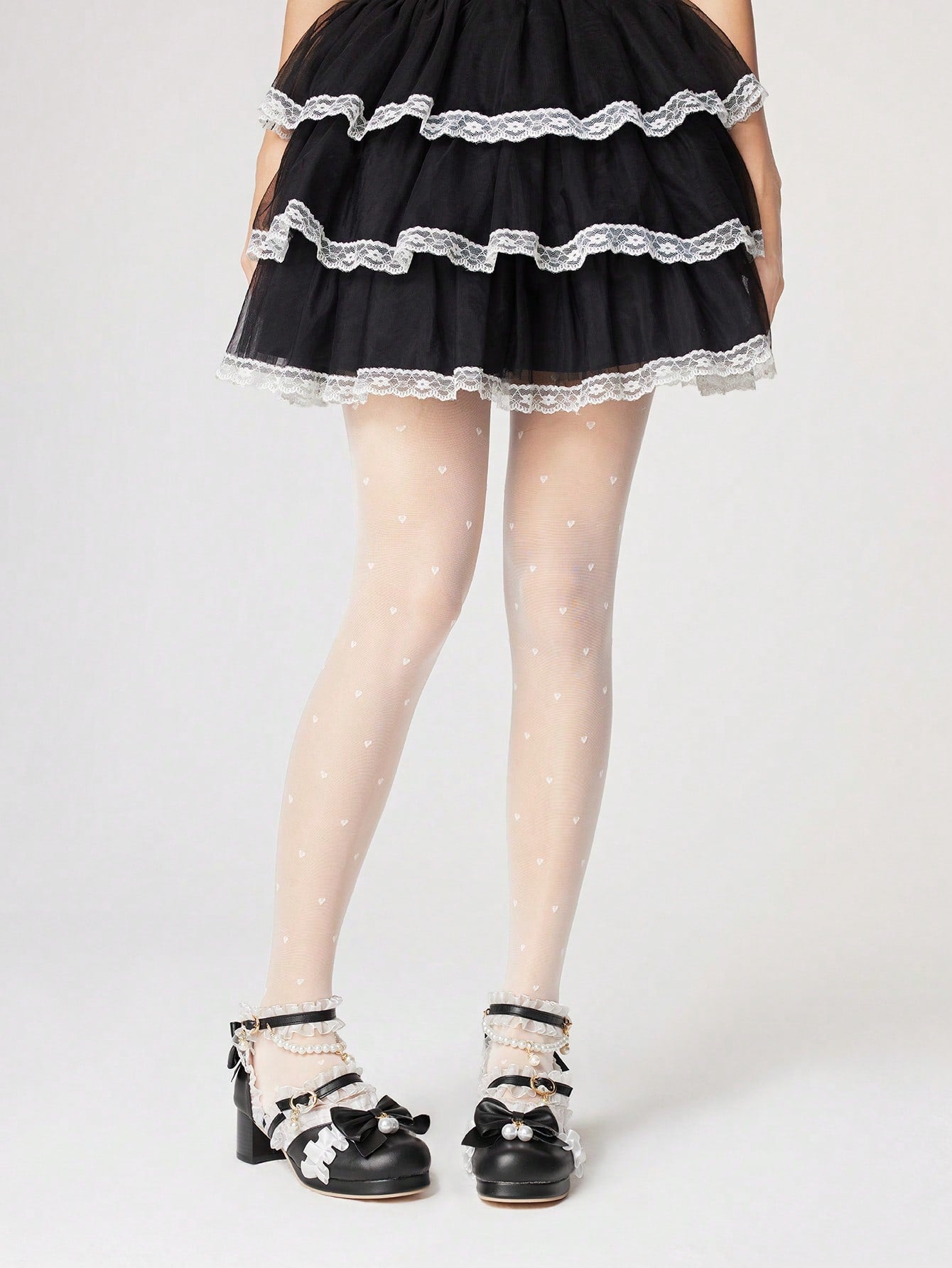 ROMWE Kawaii Tacones con correa de encaje de estilo lolita con puntera cerrada y ribete de encaje para mujer, color negro