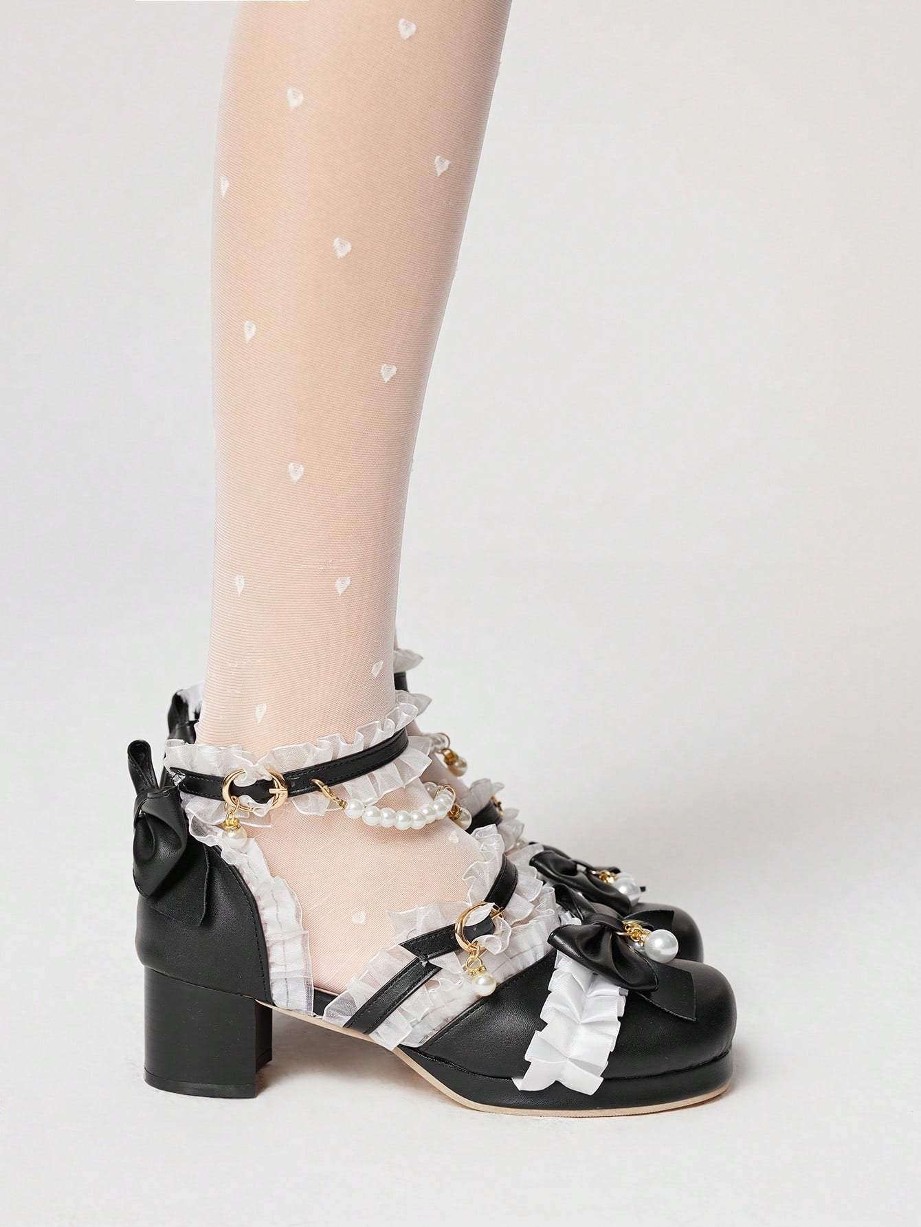 ROMWE Kawaii Tacones con correa de encaje de estilo lolita con puntera cerrada y ribete de encaje para mujer, color negro