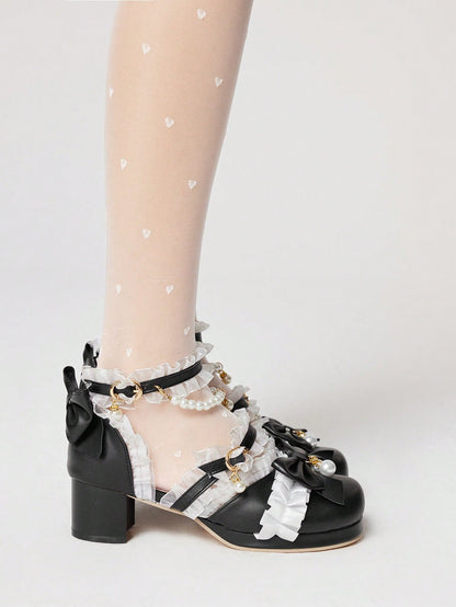 ROMWE Kawaii Tacones con correa de encaje de estilo lolita con puntera cerrada y ribete de encaje para mujer, color negro