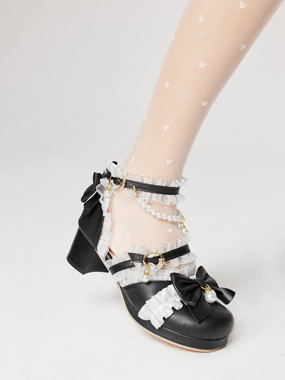 ROMWE Kawaii Tacones con correa de encaje de estilo lolita con puntera cerrada y ribete de encaje para mujer, color negro