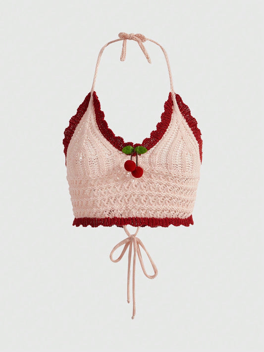 ROMWE Kawaii Top De Camisola Tejido Con Bloques De Colores Decorado Con Cerezas Dulces, Sexys Y Lindas