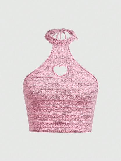 ROMWE Kawaii Top De Punto Para Mujer Con Cuello Ahuecado En Forma De Corazón Sexy Y Lindo Con Lazo En La Parte Delantera