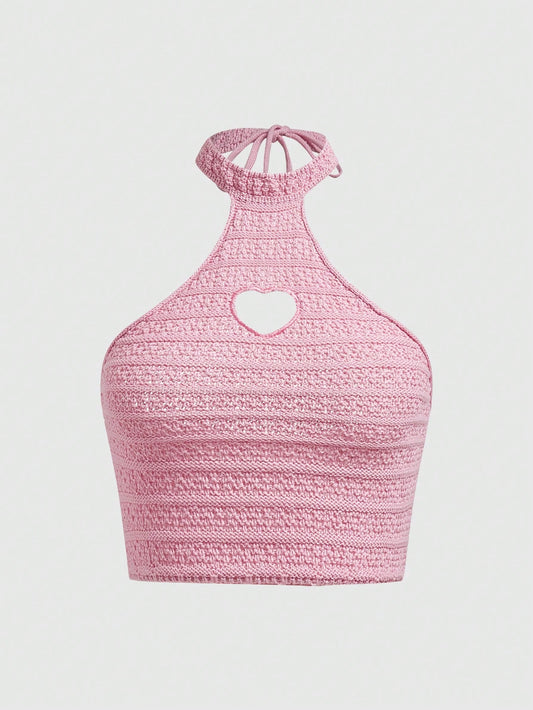 ROMWE Kawaii Top De Punto Para Mujer Con Cuello Ahuecado En Forma De Corazón Sexy Y Lindo Con Lazo En La Parte Delantera