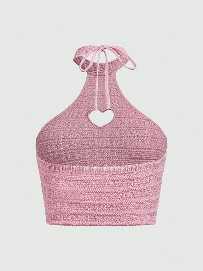 ROMWE Kawaii Top De Punto Para Mujer Con Cuello Ahuecado En Forma De Corazón Sexy Y Lindo Con Lazo En La Parte Delantera