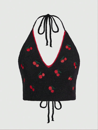 ROMWE Kawaii Top De Punto Para Mujeres Con Estampado Dulce De Cereza Bordado En La Parte Superior, Con Correas De Atar Estilo Halter