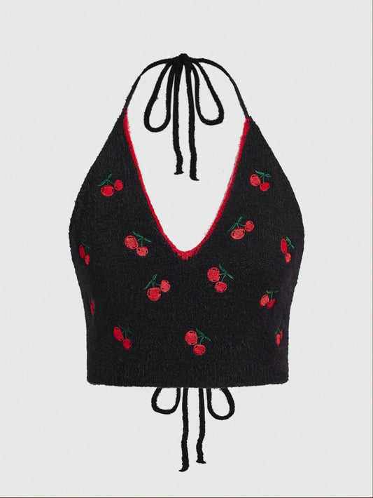 ROMWE Kawaii Top De Punto Para Mujeres Con Estampado Dulce De Cereza Bordado En La Parte Superior, Con Correas De Atar Estilo Halter