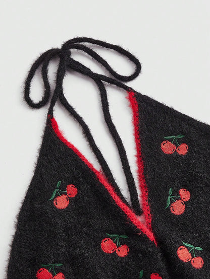 ROMWE Kawaii Top De Punto Para Mujeres Con Estampado Dulce De Cereza Bordado En La Parte Superior, Con Correas De Atar Estilo Halter